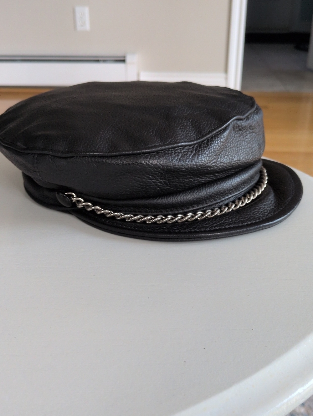 Vintage 80s Leather biker cap With Chain Greek Fisherman's cap One Sz Adjustable